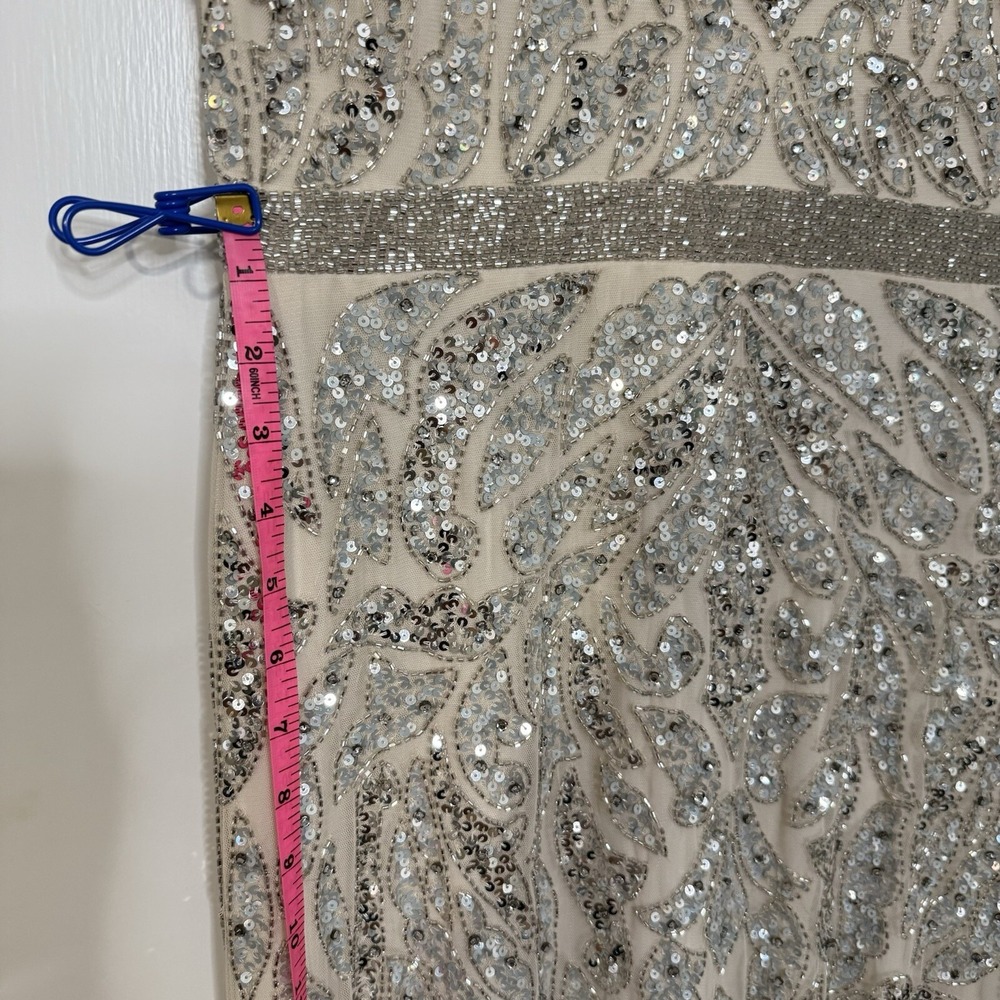 Mac Duggal Nude Silver Illusion Sheer Cap Sleeve Bead Sequin Belted Modest 5532 - Picture 15 of 16